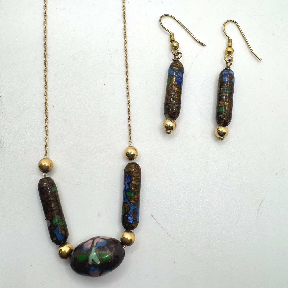 Vintage Cloisonne Enamel Floral Bead Necklace and Earring Set Gold Tone Boho